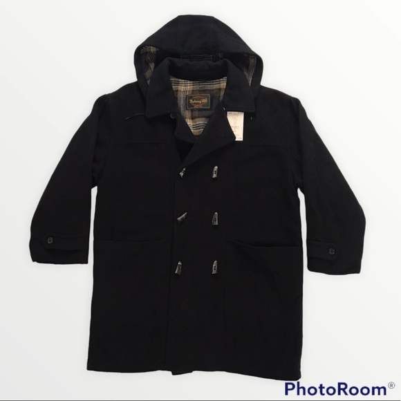 Vintage 80s Mens Boiled Wool Pea Coat Toggle Buttons 44R Navy Blue - Main Image